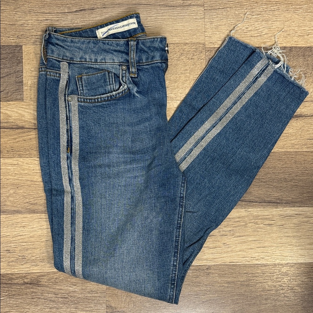 Anthropologie Blue High Rise Slim Straight Jeans with Silver Stripes size Small